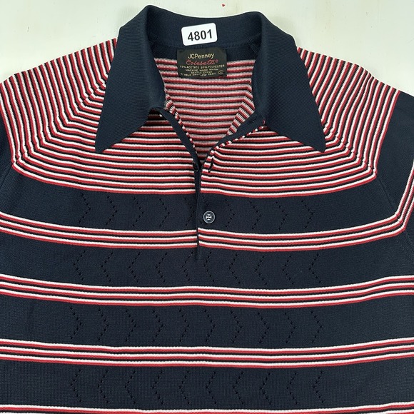 New VTG 60s JCPenny Coleseta Polo Shirt‎ Men Fits Medium Tag L Blue Red Striped